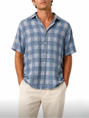 FOLK Men's Blue Plaid Short-Sleeve Button-Up Shirt 100% Cotton NWT $182 Retail